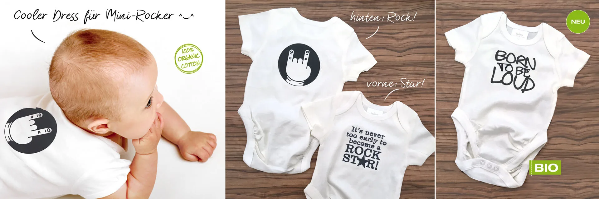 Baby-Strampler aus Bio-Baumwolle mit Rock-Motiven: Rock-Hand, Rockstar und Born to be loud