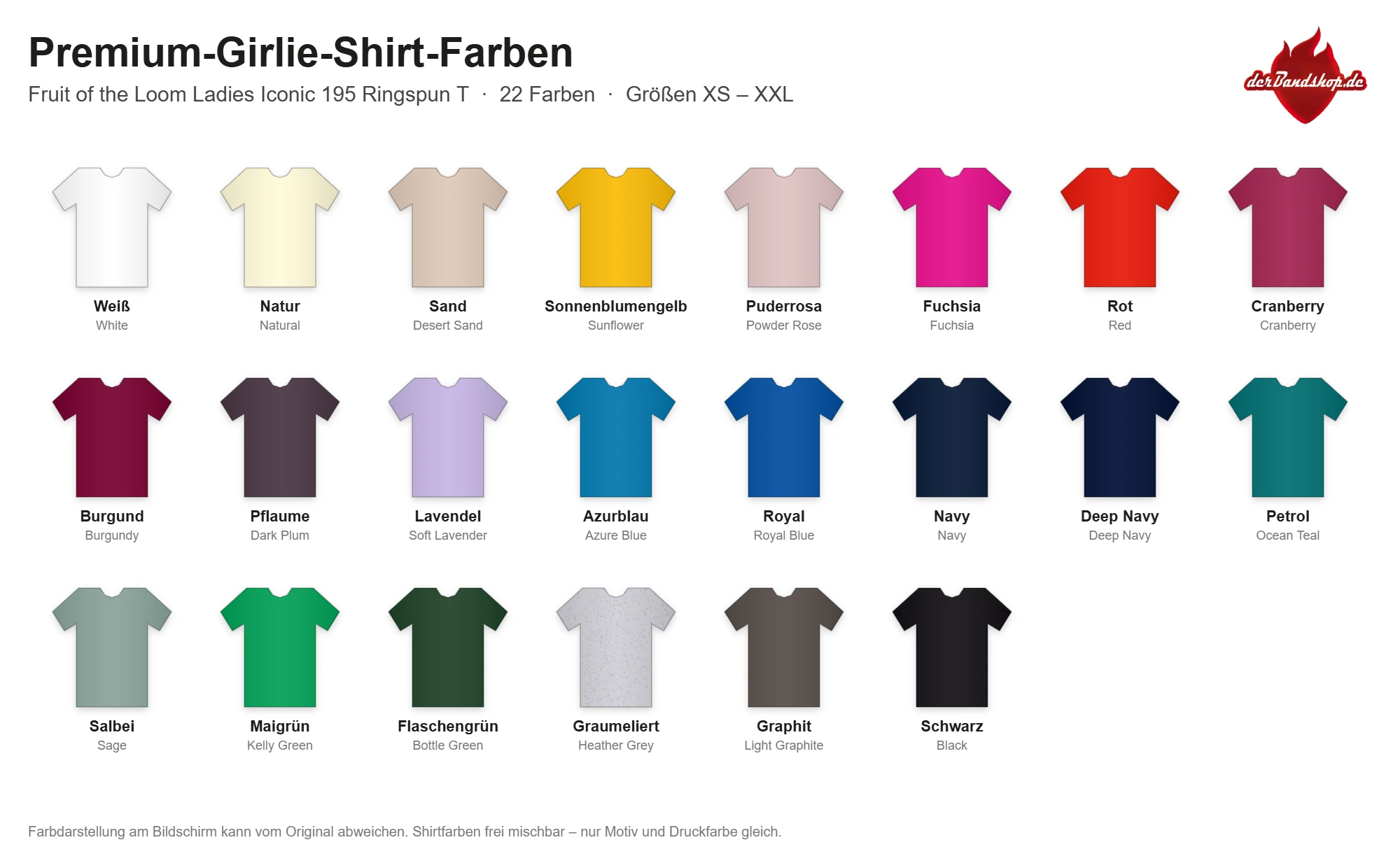Premium-Girlie-Shirt-Farben: Fruit of the Loom Ladies Iconic 195 Ringspun T in 22 Farben, Größen XS bis XXL – Bandshop GmbH