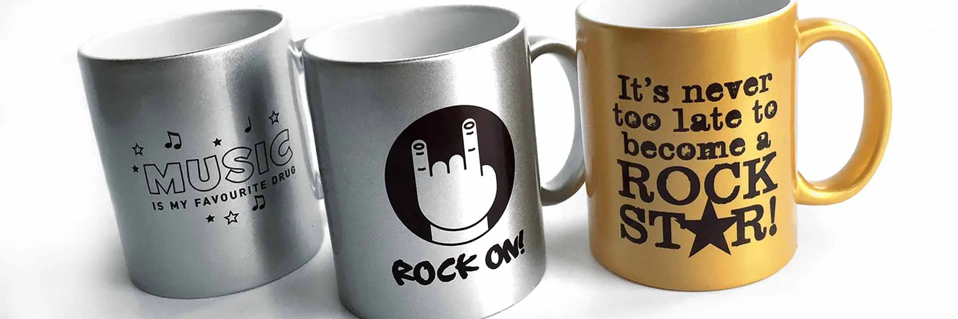 Funtassen mit Musikersprüchen in Silber und Gold: Music is my favourite drug, Rock on, Rockstar