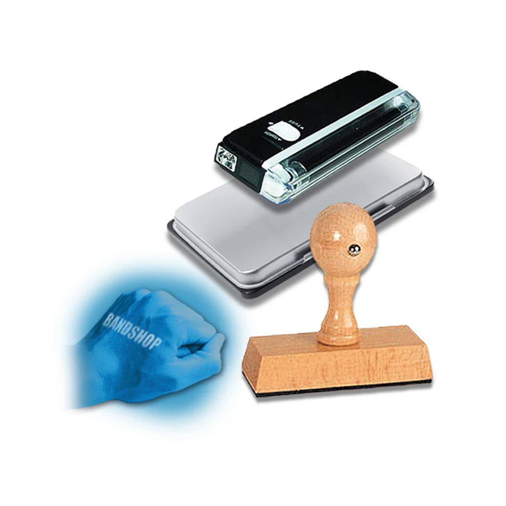 UV-Stempelset: Eintritt-bezahlt-Stempel, UV-Stempelkissen und UV-Lampe