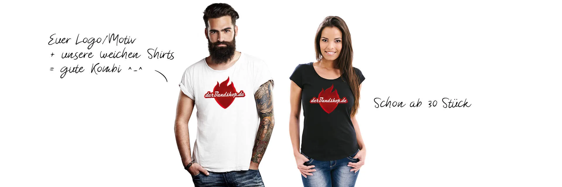 Bandshirts mit eigenem Logo bedruckt – Herren- und Damen-T-Shirt in Weiß und Schwarz, schon ab 30 Stück