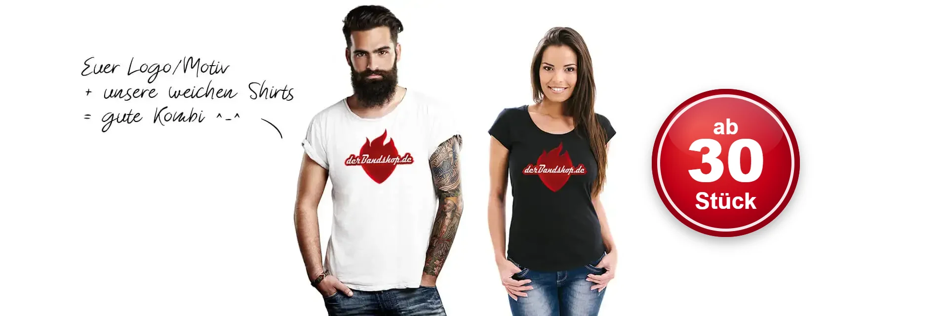 Bandshirts bedrucken lassen ab 30 Stück – eigenes Logo oder Motiv im Siebdruck auf Unisex- und Girlie-Shirts