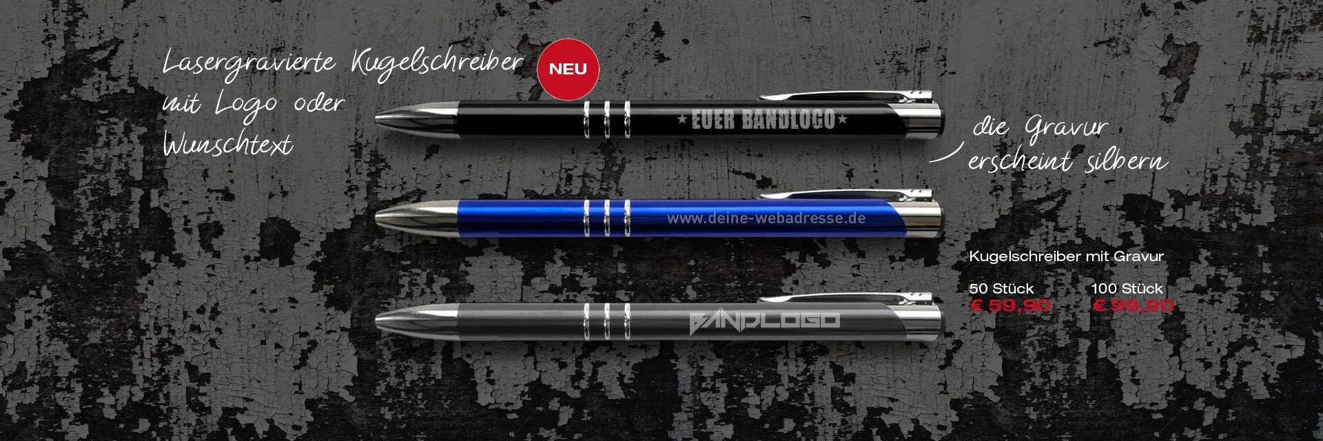Kugelschreiber mit Lasergravur – Bandlogo oder Webadresse silbern graviert
