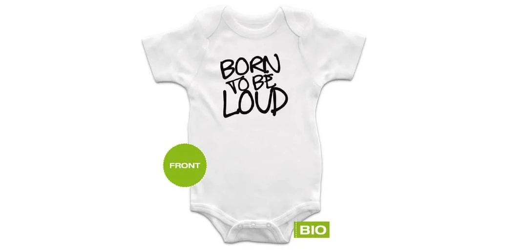 Baby-Strampler „Born to be loud“ – Druck schwarz, weißer Bio-Body – Bandshop